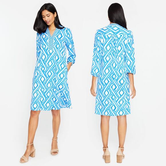 J McLaughlin Emer Long Sleeve Blue White Vilhada Souk Geometric Print Mini Dress - Picture 2 of 16